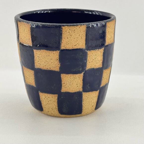 Handmade Studio Art Pottery Checkered Planter Navy Blue & Brown 3.5" Tall - Picture 1 of 5